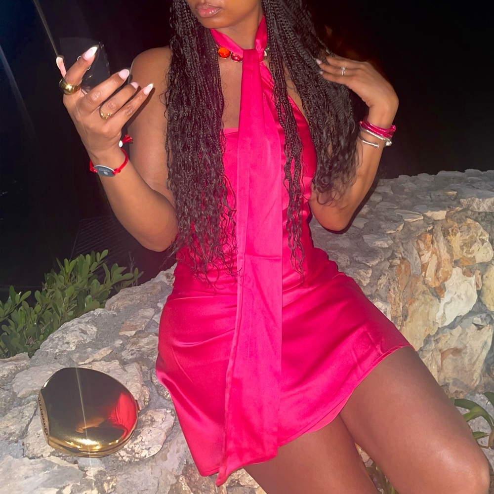 Pink satin wrap neck dress